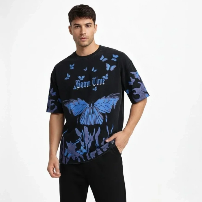 MARSiLYAN- Erkek Asit Yıkamalı Oversize Tişört Mavi Kelebek Baskılı Dijital Print Bisiklet Yaka Streetwear T-Shirt - Siyah