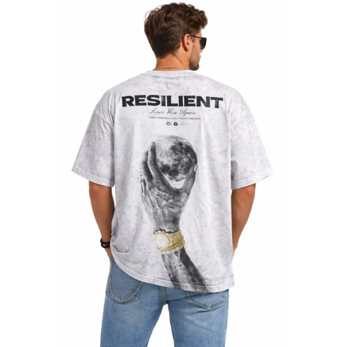 MARSiLYAN- Erkek Asit Yıkamalı Oversize Tişört ön Ve Arkası Baskılı %100 Pamuk Street Style T-Shirt - Beyaz