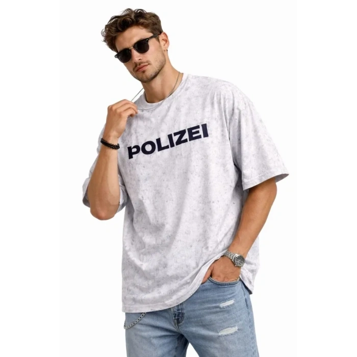 MARSiLYAN- Erkek Asit Yıkamalı Oversize Tişört ön Ve Arkası Baskılı %100 Pamuk Street Style T-Shirt - Beyaz