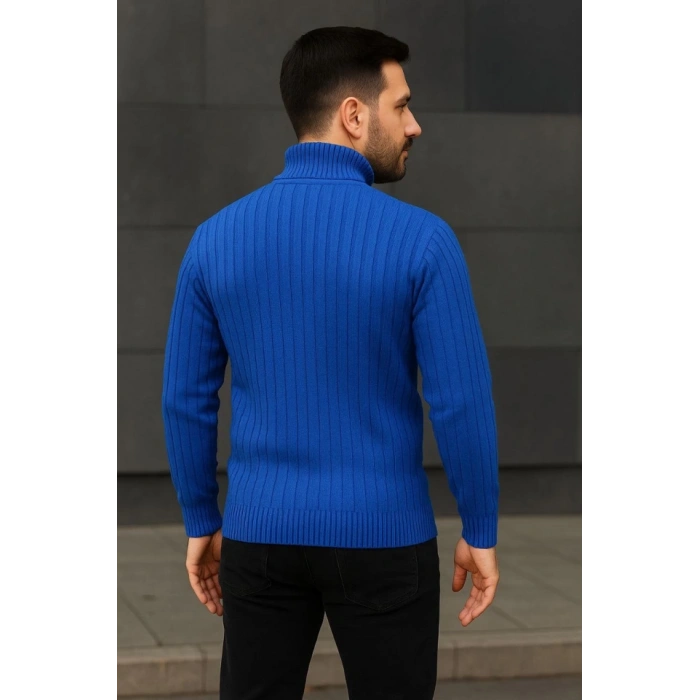 MARSiLYAN- Erkek Balıkcı Yaka Bağazlı Triko Kazak Pamuklu Kalın Fitilli Dokuma, Regular Fit Uzun Kollu Kışlık Model - Saks Mavisi