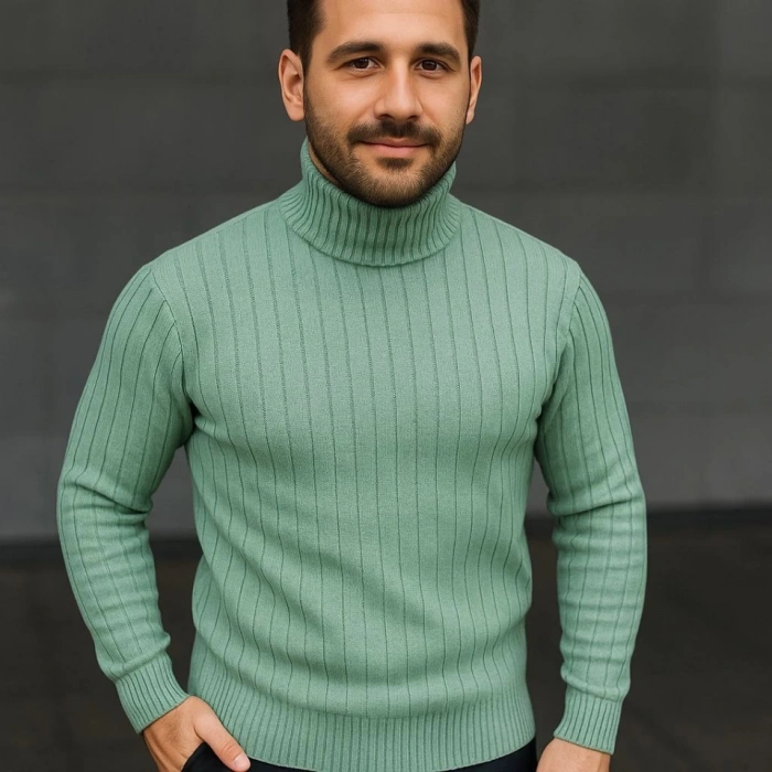 MARSiLYAN- Erkek Balıkcı Yaka Bağazlı Triko Kazak Pamuklu Kalın Fitilli Dokuma, Regular Fit Uzun Kollu Kışlık Model - Mint Yeşili