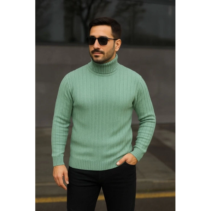 MARSiLYAN- Erkek Balıkcı Yaka Bağazlı Triko Kazak Pamuklu Kalın Fitilli Dokuma, Regular Fit Uzun Kollu Kışlık Model - Mint Yeşili