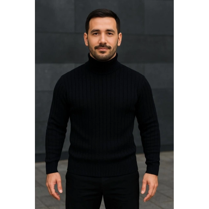 MARSiLYAN- Erkek Balıkcı Yaka Bağazlı Triko Kazak Pamuklu Kalın Fitilli Dokuma, Regular Fit Uzun Kollu Kışlık Model - Siyah