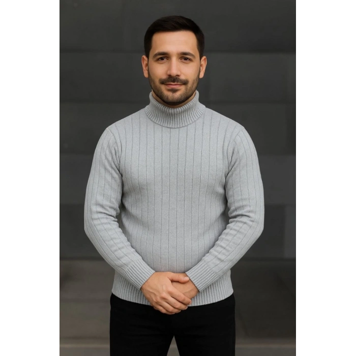 MARSiLYAN- Erkek Balıkcı Yaka Bağazlı Triko Kazak Pamuklu Kalın Fitilli Dokuma, Regular Fit Uzun Kollu Kışlık Model - Gri