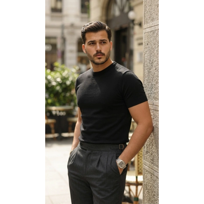 MARSiLYAN- Erkek Basic Bisiklet Yaka Kısa Kollu Triko Tişört - %100 Pamuk Akrilik