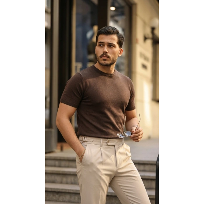 MARSiLYAN- Erkek Basic Bisiklet Yaka Kısa Kollu Triko Tişört - %100 Pamuk Akrilik