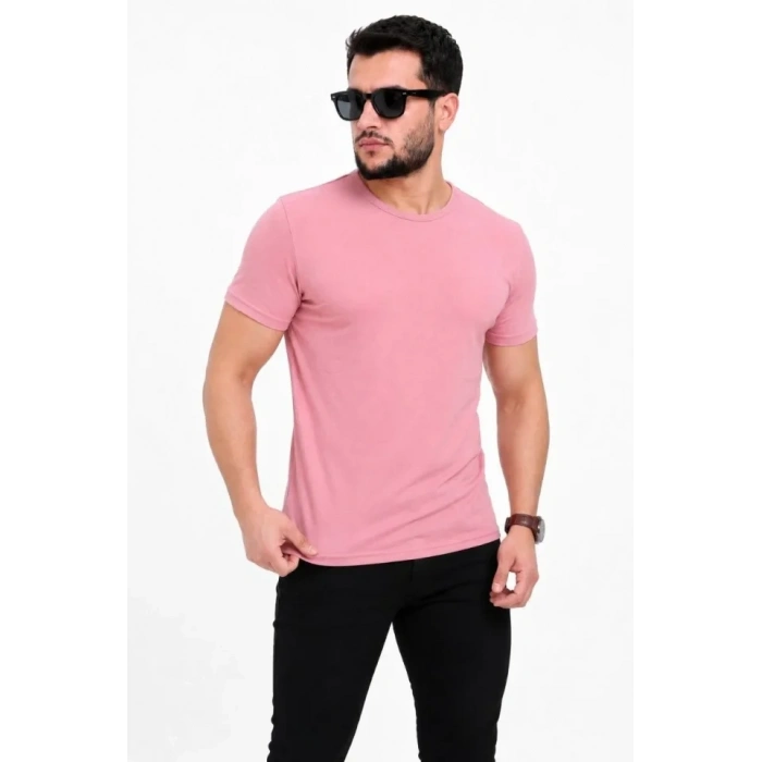 MARSiLYAN- Erkek Basic Tişört Bisiklet Yaka Kısa Kol Günlük Yazlık Slim Fit T-Shirt - Pembe