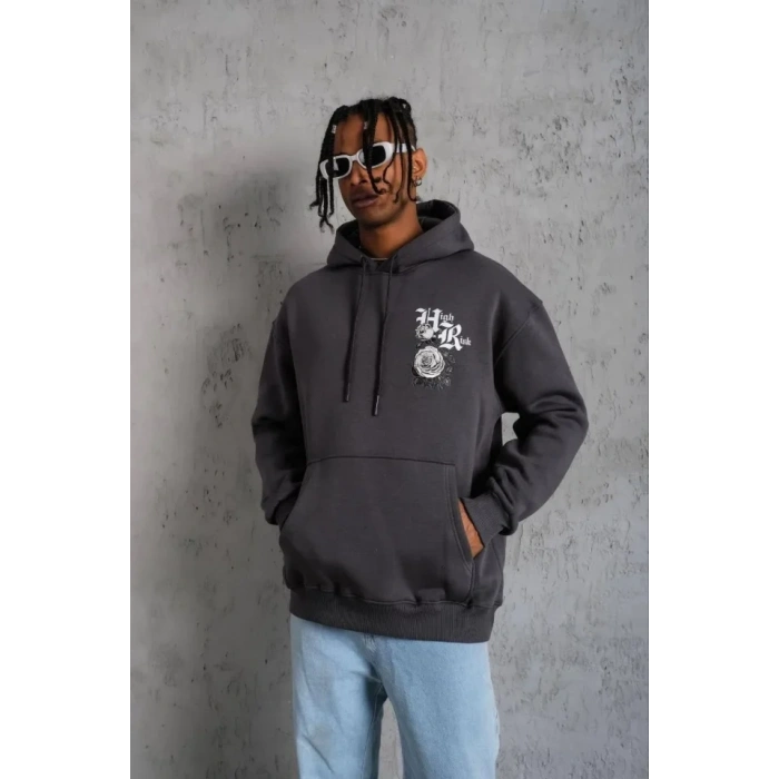 MARSiLYAN- Erkek Baskılı Kapşonlu Sweat - Füme