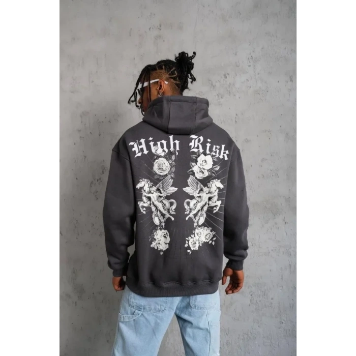 MARSiLYAN- Erkek Baskılı Kapşonlu Sweat - Füme