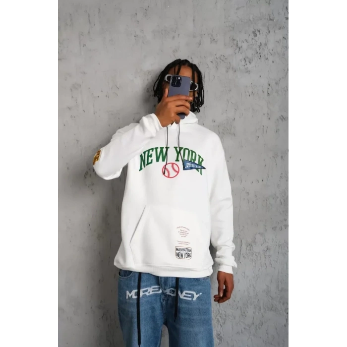 MARSiLYAN- Erkek Baskılı Kapüşonlu Sweatshirt - Beyaz