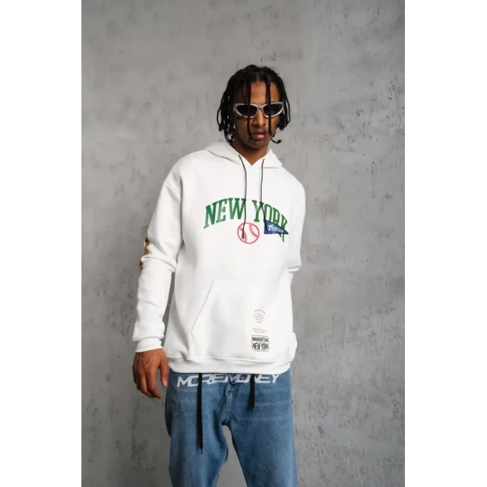 MARSiLYAN- Erkek Baskılı Kapüşonlu Sweatshirt - Beyaz