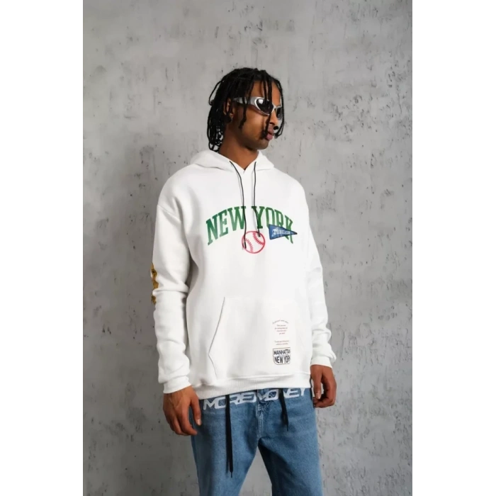 MARSiLYAN- Erkek Baskılı Kapüşonlu Sweatshirt - Beyaz
