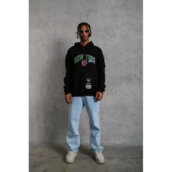 MARSiLYAN- Erkek Baskılı Kapüşonlu Sweatshirt - Siyah