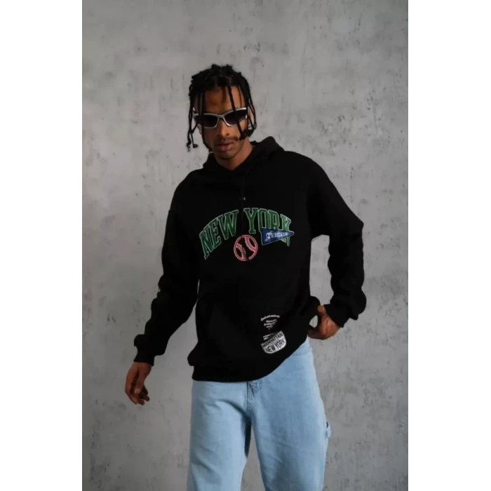 MARSiLYAN- Erkek Baskılı Kapüşonlu Sweatshirt - Siyah