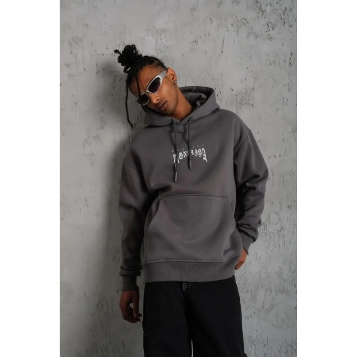 MARSiLYAN- Erkek Baskılı Kapüşonlu Ve Kanguru Cepli Sweat- Gri