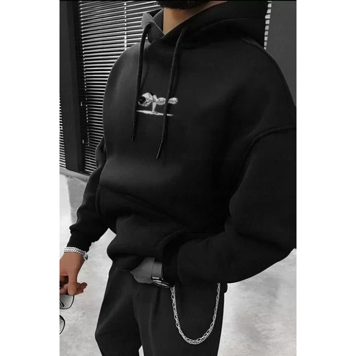 MARSiLYAN- Erkek Baskılı Kapüşonlu Ve Kordon İpli Sweat - Siyah