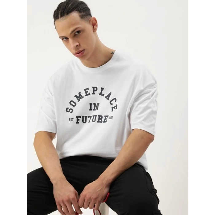 MARSiLYAN- Erkek Baskılı Oversize T-shirt - Beyaz