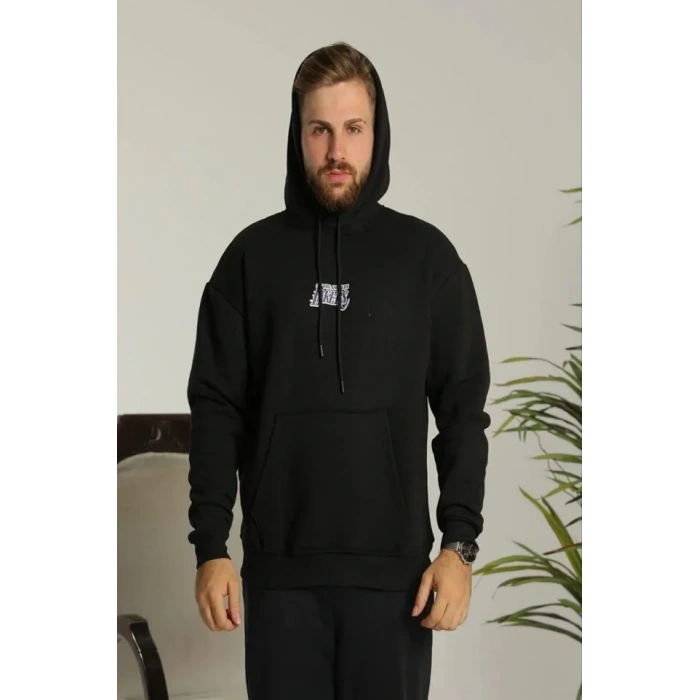 MARSiLYAN- Erkek Baskılı Oversize Üç İplik Kapüşonlu Sweatshirt - Siyah