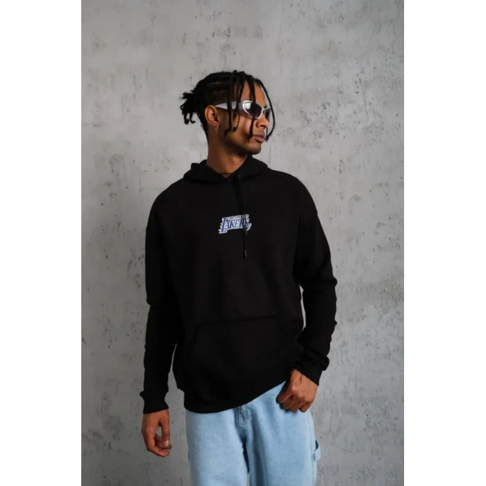 MARSiLYAN- Erkek Baskılı Oversize Üç İplik Kapüşonlu Sweatshirt - Siyah