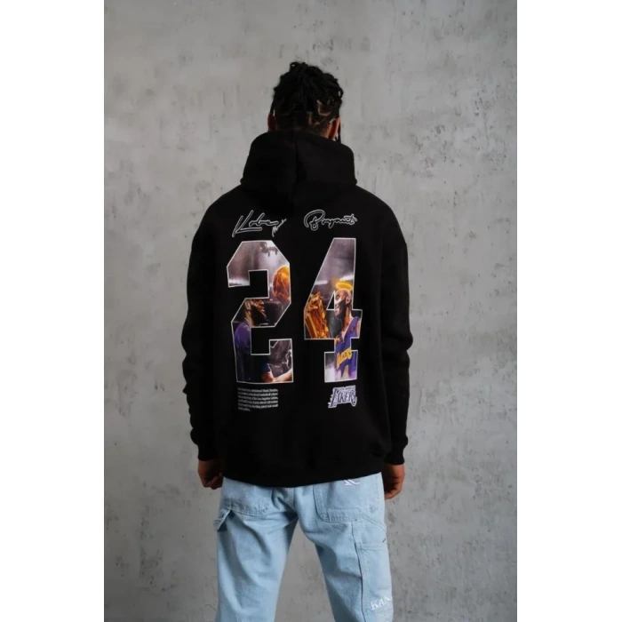 MARSiLYAN- Erkek Baskılı Oversize Üç İplik Kapüşonlu Sweatshirt - Siyah