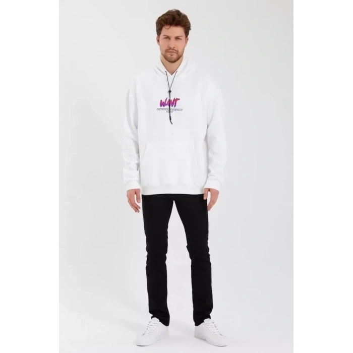 MARSiLYAN- Erkek Baskılı Üç İplik Kapüşonlu Oversize Sweatshirt - Beyaz