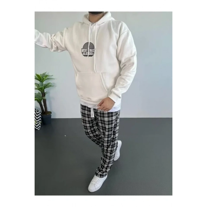 MARSiLYAN- Erkek Baskılı Üç İplik Kapüşonlu Oversize Sweatshirt - Beyaz