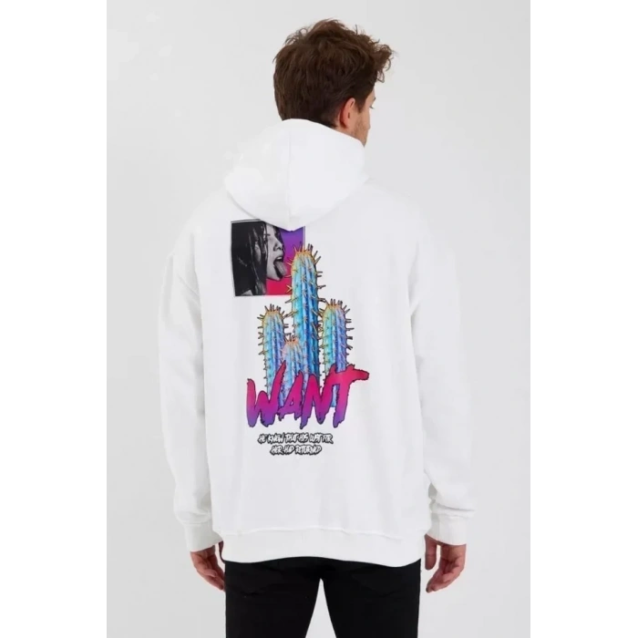 MARSiLYAN- Erkek Baskılı Üç İplik Kapüşonlu Oversize Sweatshirt - Beyaz