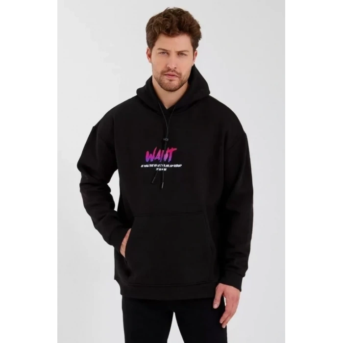 MARSiLYAN- Erkek Baskılı Üç İplik Kapüşonlu Oversize Sweatshirt - Siyah