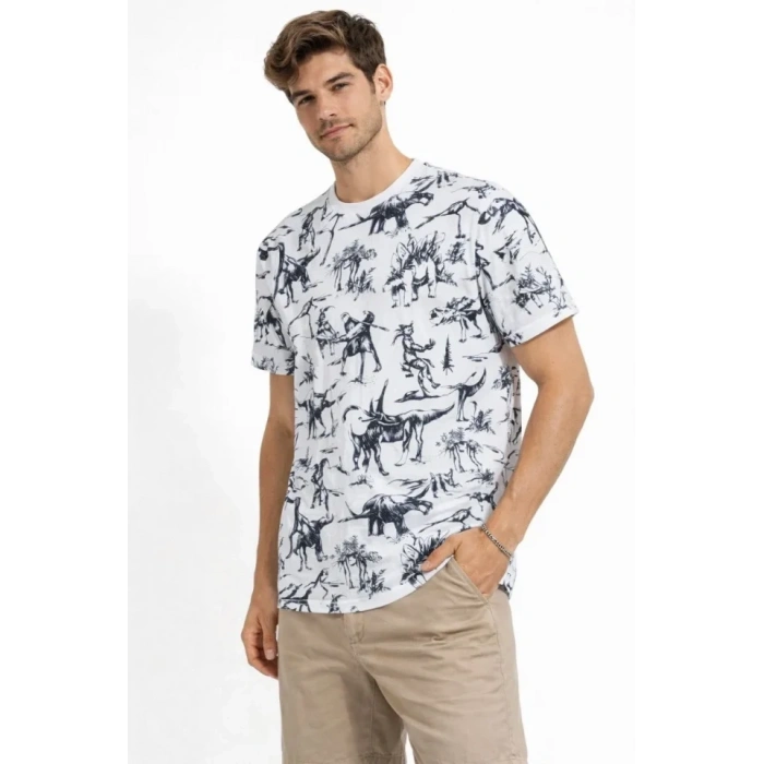 MARSiLYAN- Erkek Beyaz Dinozor Desenli Tişört – Regular Fit, Bisiklet Yaka, Dijital Baskılı Pamuklu T-Shirt - Beyaz
