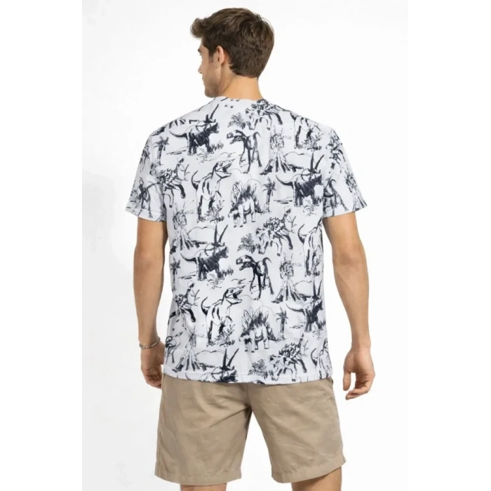 MARSiLYAN- Erkek Beyaz Dinozor Desenli Tişört – Regular Fit, Bisiklet Yaka, Dijital Baskılı Pamuklu T-Shirt - Beyaz