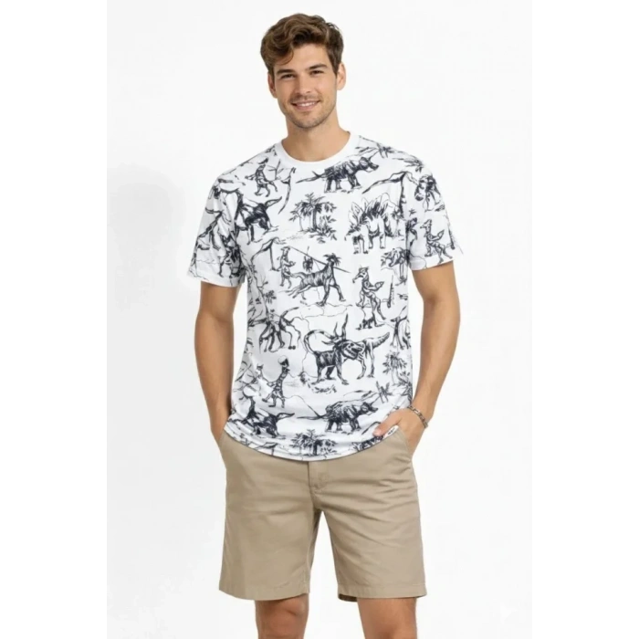 MARSiLYAN- Erkek Beyaz Dinozor Desenli Tişört – Regular Fit, Bisiklet Yaka, Dijital Baskılı Pamuklu T-Shirt - Beyaz