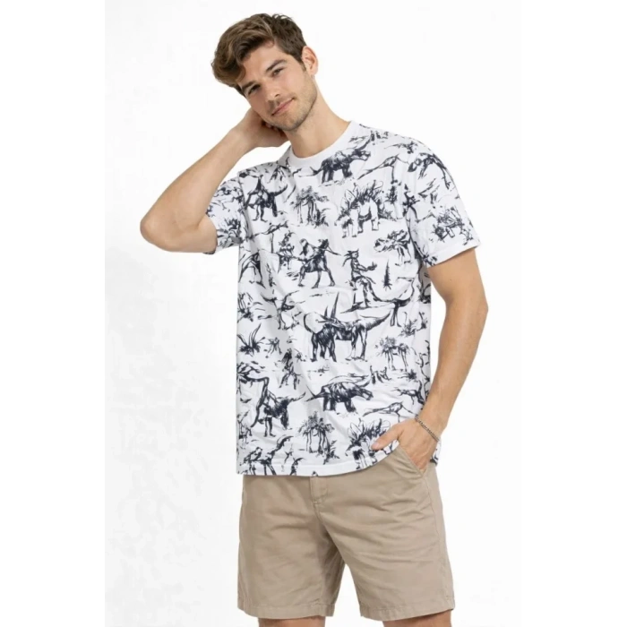 MARSiLYAN- Erkek Beyaz Dinozor Desenli Tişört – Regular Fit, Bisiklet Yaka, Dijital Baskılı Pamuklu T-Shirt - Beyaz