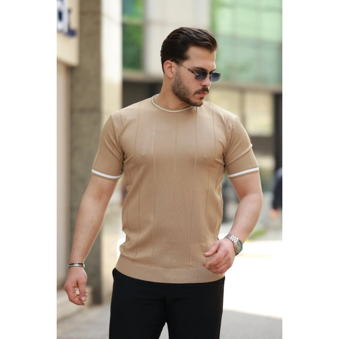 MARSiLYAN- Erkek Bisiklet Yaka çizgi Desenli Ribanalı Kısa Kollu Tshirt