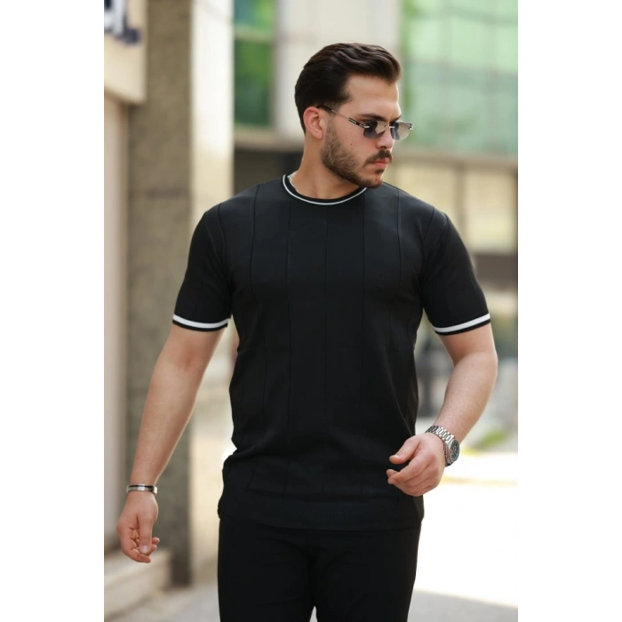 MARSiLYAN- Erkek Bisiklet Yaka çizgi Desenli Ribanalı Kısa Kollu Tshirt