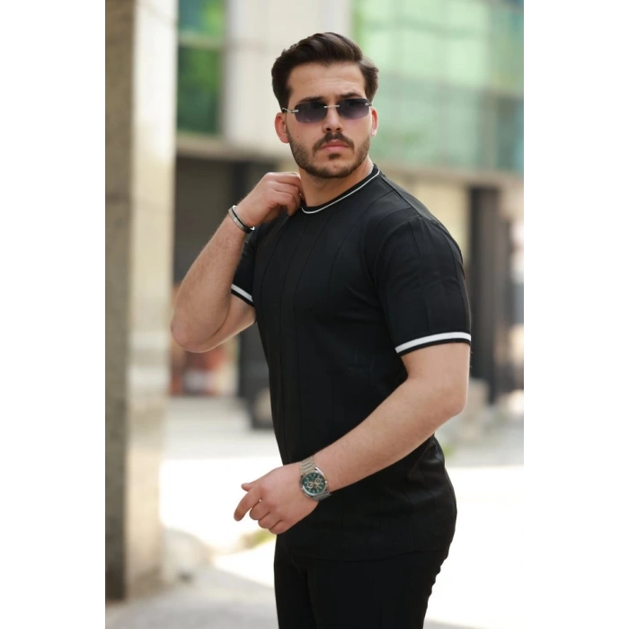 MARSiLYAN- Erkek Bisiklet Yaka çizgi Desenli Ribanalı Kısa Kollu Tshirt