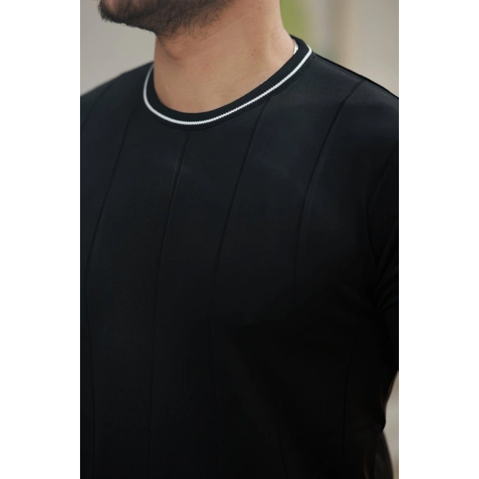 MARSiLYAN- Erkek Bisiklet Yaka çizgi Desenli Ribanalı Kısa Kollu Tshirt