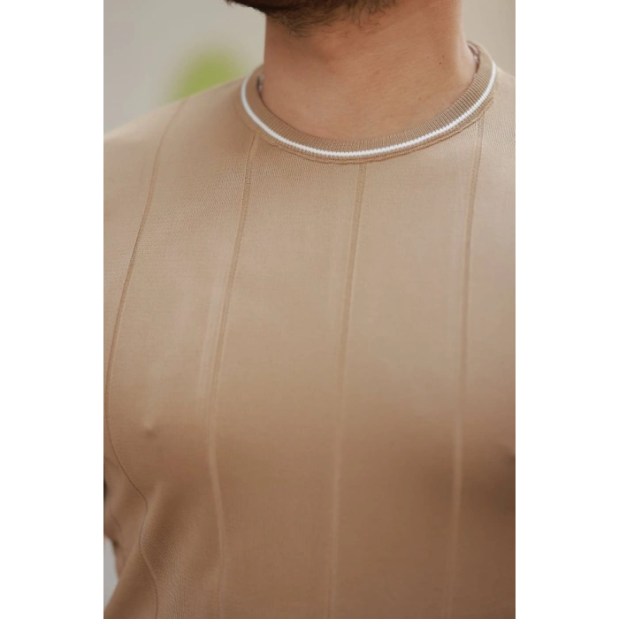 MARSiLYAN- Erkek Bisiklet Yaka çizgi Desenli Ribanalı Kısa Kollu Tshirt