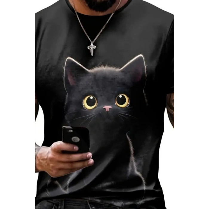 MARSiLYAN- Erkek Bisiklet Yaka Kedi Baskılı Süprem T-shirt