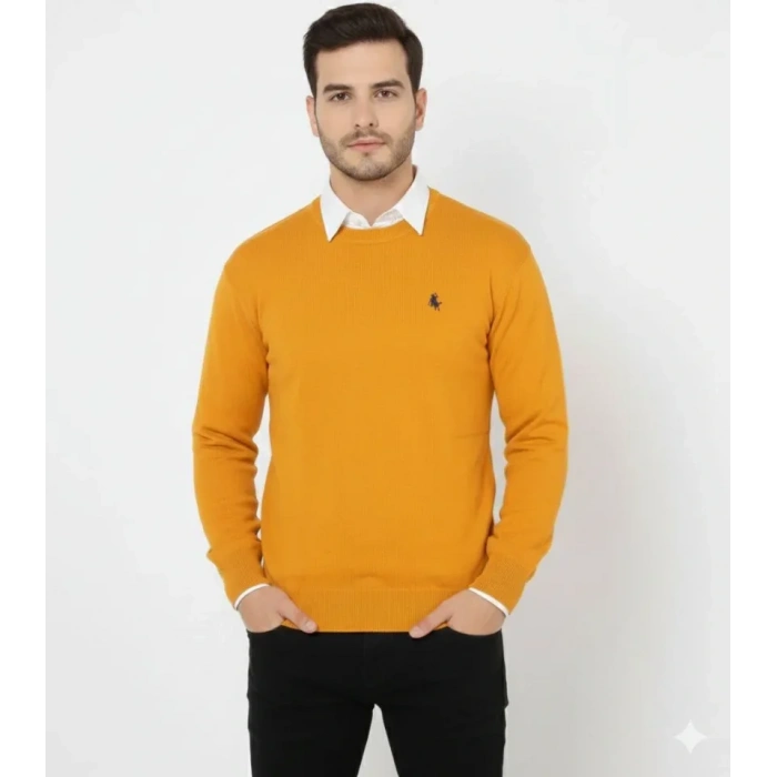 MARSiLYAN- Erkek Bisiklet Yaka Nakış Işlemeli Triko Kazak Yumuşak Dokulu Pamuklu Ince Dokuma, Uzun Kollu Rahat Regular Kalıp - Turuncu