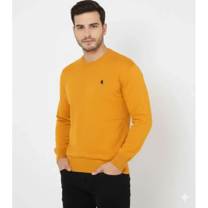 MARSiLYAN- Erkek Bisiklet Yaka Nakış Işlemeli Triko Kazak Yumuşak Dokulu Pamuklu Ince Dokuma, Uzun Kollu Rahat Regular Kalıp - Turuncu