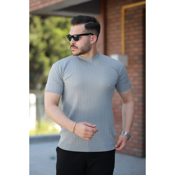 MARSiLYAN- Erkek Bisiklet Yaka örgü Desenli Kısa örme Triko Kısa Kollu T-shirt