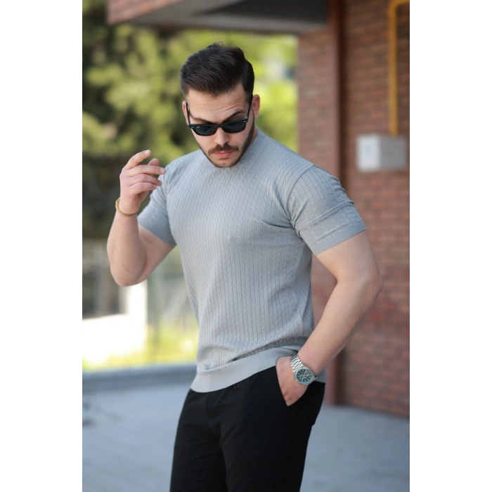 MARSiLYAN- Erkek Bisiklet Yaka örgü Desenli Kısa örme Triko Kısa Kollu T-shirt