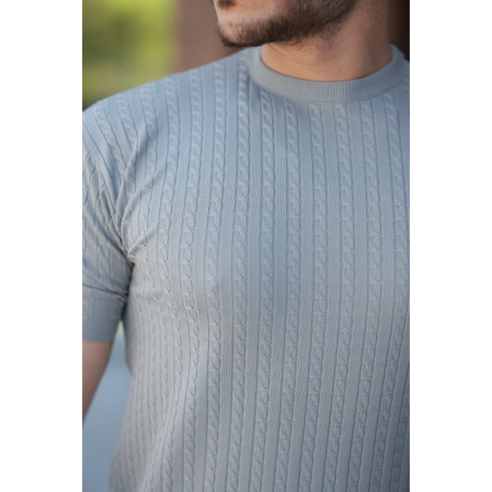 MARSiLYAN- Erkek Bisiklet Yaka örgü Desenli Kısa örme Triko Kısa Kollu T-shirt