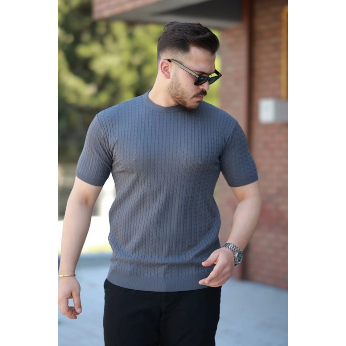 MARSiLYAN- Erkek Bisiklet Yaka örgü Desenli Kısa örme Triko Kısa Kollu Tshirt