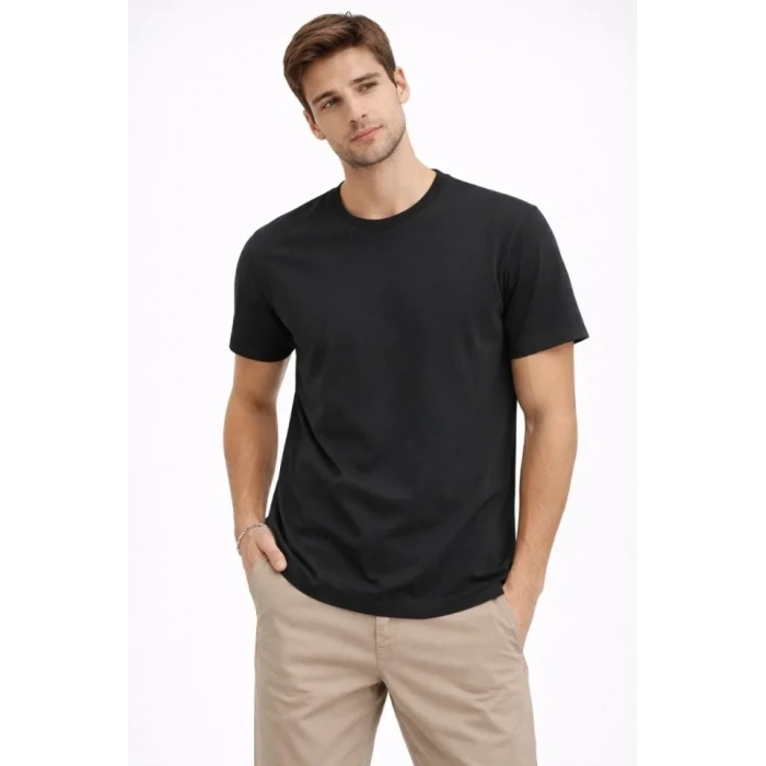 MARSiLYAN- Erkek Bisiklet Yaka Tişört Regular Kalıp Basic Pamuklu Günlük Kullanım T-shirt - Siyah