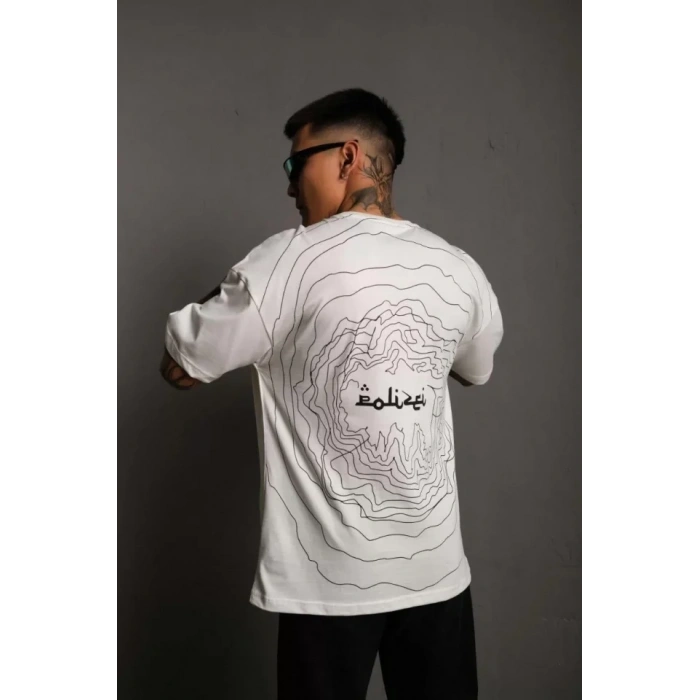 MARSiLYAN- Erkek Bisiklet Yakalı Sırt Baskılı Oversize T-Shirt - Beyaz