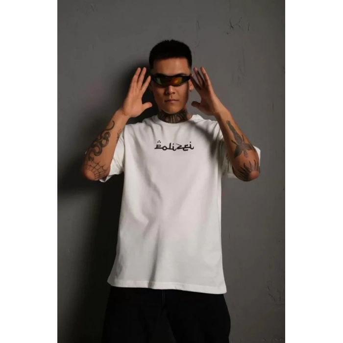 MARSiLYAN- Erkek Bisiklet Yakalı Sırt Baskılı Oversize T-Shirt - Beyaz