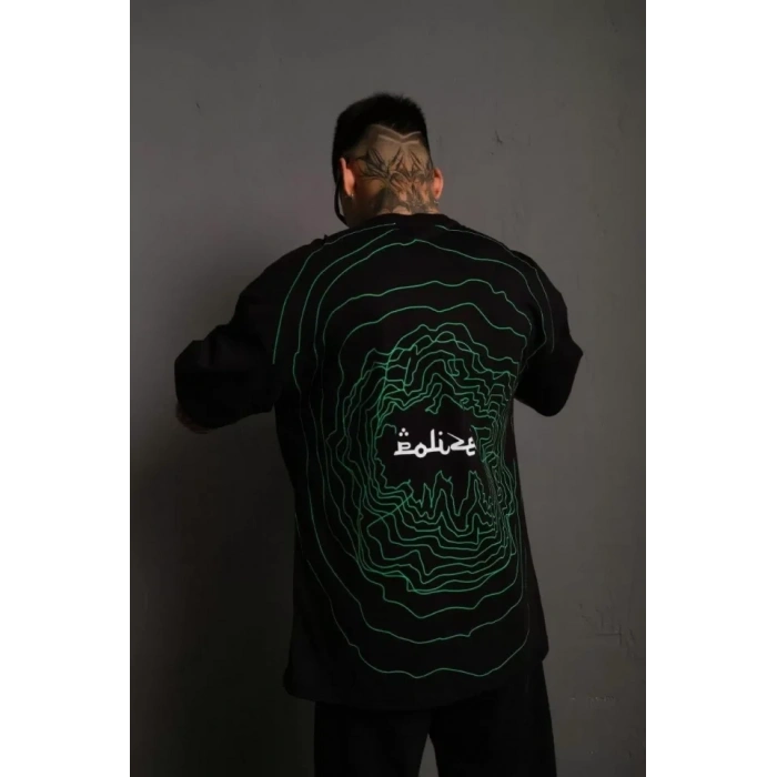 MARSiLYAN- Erkek Bisiklet Yakalı Sırt Baskılı Oversize T-Shirt - Siyah