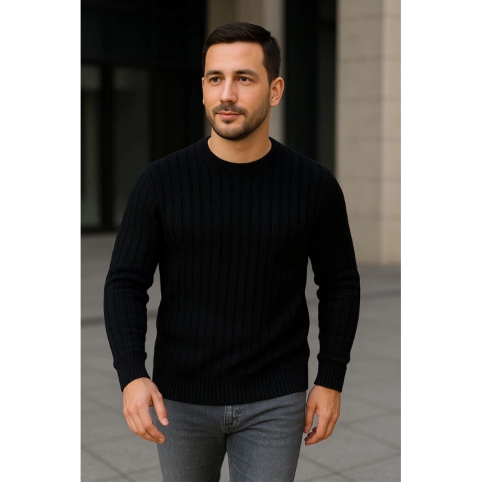 MARSiLYAN- Erkek Bisiklet Yuvarlak Yaka Triko Kazak Pamuklu Kalın Fitilli Dokuma, Regular Fit Uzun Kollu Kışlık Model - Siyah