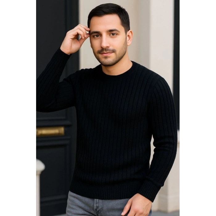 MARSiLYAN- Erkek Bisiklet Yuvarlak Yaka Triko Kazak Pamuklu Kalın Fitilli Dokuma, Regular Fit Uzun Kollu Kışlık Model - Siyah